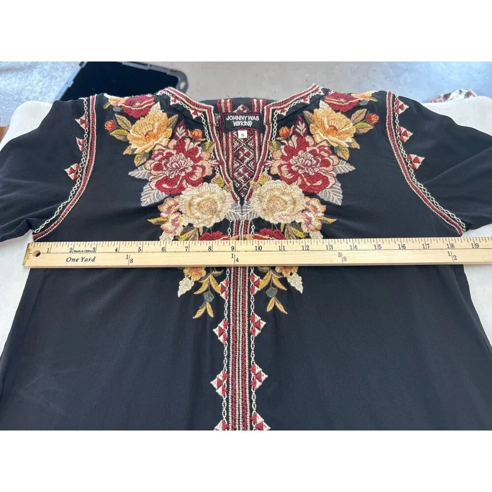 Johnny Was Black Embroidered Floral Silk Tunic Dress Womens S Artemis - Picture 7 of 13